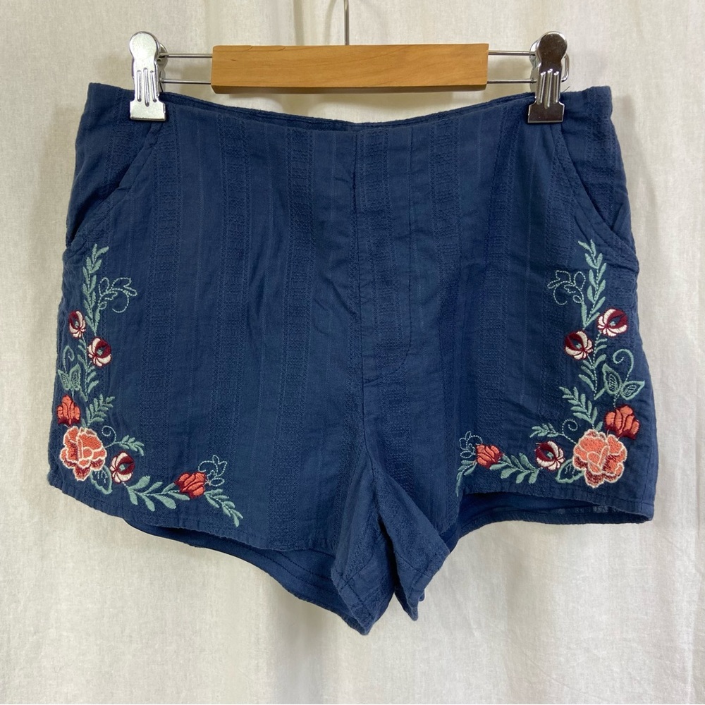 Francesca’s Blue Rain Soft Blue Shorts with Floral Embroidery